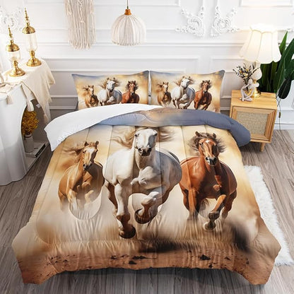 Kid Galloping Horse Comforter Set Queen Animal Theme Handsome Horse Bedding Set Wild Animal Grey Sky Sand Decor Quilt Bed Set for Boys Girls Adult, 1 Comforter + 2 Pillowcases