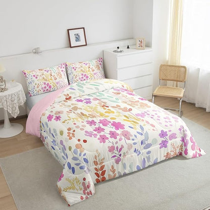 Erosebridal Cute Pink Floral Full Comforter Set for Girls Women Kids,Watercolor Wild Flower Bedding Set Boho Bedroom Decor,Rustic Country Flowers Quilt Bed Set Wildflower Bed Comforter Set 3Pcs