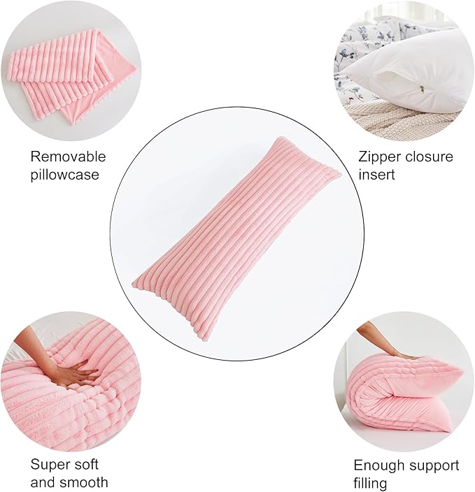 Full Body Pillow with Fluffy Stripe Faux Fur Removable Cover, Long Bed Pillow Adult 20x54 Inches for Side Sleeper and Pregnancy, Pink.