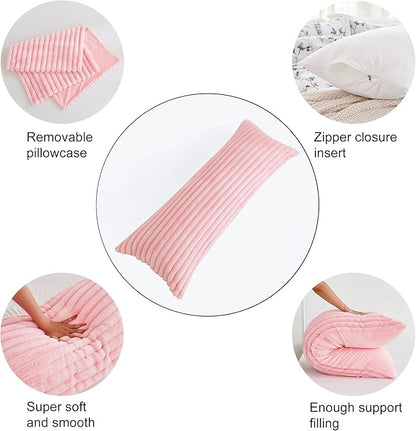 Full Body Pillow with Fluffy Stripe Faux Fur Removable Cover, Long Bed Pillow Adult 20x54 Inches for Side Sleeper and Pregnancy, Pink.