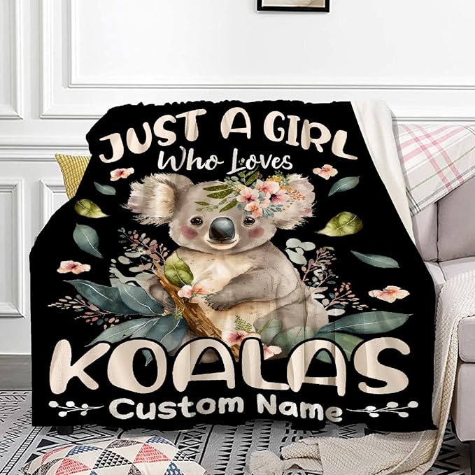 Koalas Custom Name Blanket for Girls - Personalized Throw Blanket with Koalas Theme - Soft & Comfortable for Bedding, Sofa, Office, Cinema, Travel - 60x80inches
