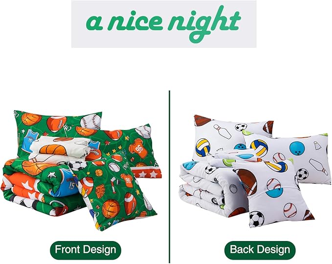 A Nice Night 6Pcs Bed in A Bag Twin Sports Comforter Set, Rugby Ball Jersey Patchwork Printed Bedding Collections,for Boys Kids Teen,Green