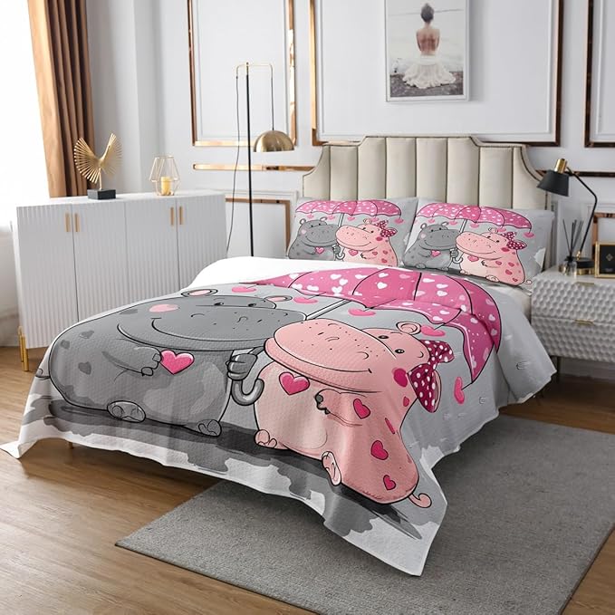 Erosebridal Hippo Bedding Set Cartoon Animal Bedspread for Girls Boys Lady Youth,Pink Umbrella Coverlet Set Cute Wildlife Quilt Set Love Heart Bedroom Decor Queen Size Gray