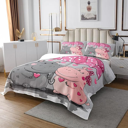 Erosebridal Hippo Bedding Set Cartoon Animal Bedspread for Girls Boys Lady Youth,Pink Umbrella Coverlet Set Cute Wildlife Quilt Set Love Heart Bedroom Decor Queen Size Gray