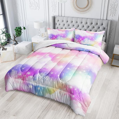 Rainbow Cloud Sky Kids Bedding Set Glitter Golden Stars Comforter 3Pcs Queen Tie Dye Art Quilt Set for Kids Teens Girls Boys Bed Set with 1 Comforter and 2 Pillowcases