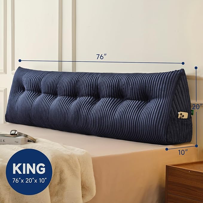 Z-hom King Headboard Pillow, Triangular Wedge Reading Pillow for Bed or Sofa, Ergonomic Backrest Cushion for Sitting Up, Reading or Relaxing, with Side Pocket，Removable Washable Cover,Blue
