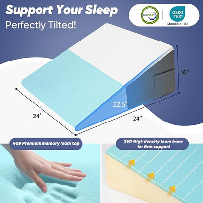 Bed Wedge Pillow for Sleeping, Reading & Resting, 10 inch Cooling Memory Foam Incline Pillow Wedge for Adults Seniors, Ideal for Couch, Bedroom & Living Room, Removable Washable Cover