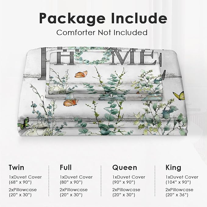 Eucalyptus Botanical Theme 3 Pieces Duvet Cover Comforter Set with 2 Pillowcase Queen Size Greenery Leaf Bed Sheet Quilt Bedroom Bedding for Lover Kids