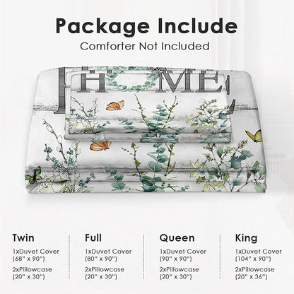 Eucalyptus Botanical Theme 3 Pieces Duvet Cover Comforter Set with 2 Pillowcase Queen Size Greenery Leaf Bed Sheet Quilt Bedroom Bedding for Lover Kids
