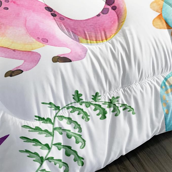 Cartoon Dinosaur Comforter Set Queen 3Pc Kawaii Dinosaur Bedding Set All Season with Tree, Leaf Decoration Includes 1 Comforter, 2 Pillowcases for Kids Girls Teens