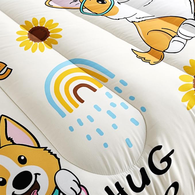 Kawaii Cartoon Corgi Dog Animal Themed Comforter 3Pcs Twin Yellow Sunflower Rainbow Bedding Set for Kid Teen Girl Boy Adult So Cute Pet Dog Quilt Bed Decor with 1 Comforter and 2 Pillowcases
