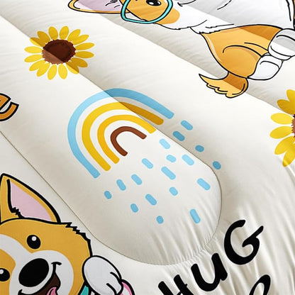 Kawaii Cartoon Corgi Dog Animal Themed Comforter 3Pcs Full Yellow Sunflower Rainbow Bedding Set for Kid Teen Girl Boy Adult So Cute Pet Dog Quilt Bed Decor with 1 Comforter and 2 Pillowcases