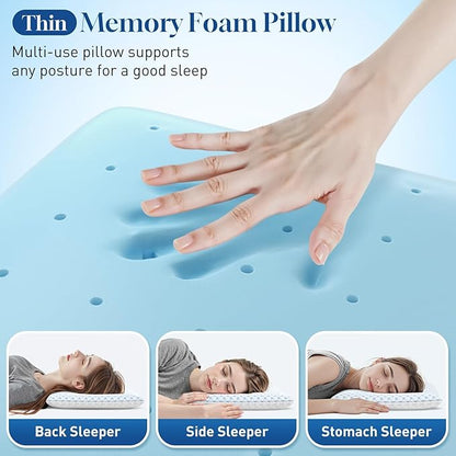 CloudBliss Ultra Slim 3.3” Pillows for Side | Back | Stomach Sleepers, Memory Foam Flat Pillow, Low Profile Sleeper Pillows with Double Sided Comfortable Breathable Pillow Cover, Queen
