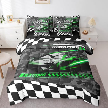 Feelyou Green Racing Car 7 Piece Bedding Set Queen Size Kids Boys Speed Race Car Comforter Set with Sheets for Teens Toddler Extreme Sports Bed in a Bag Camouflage Bed Set