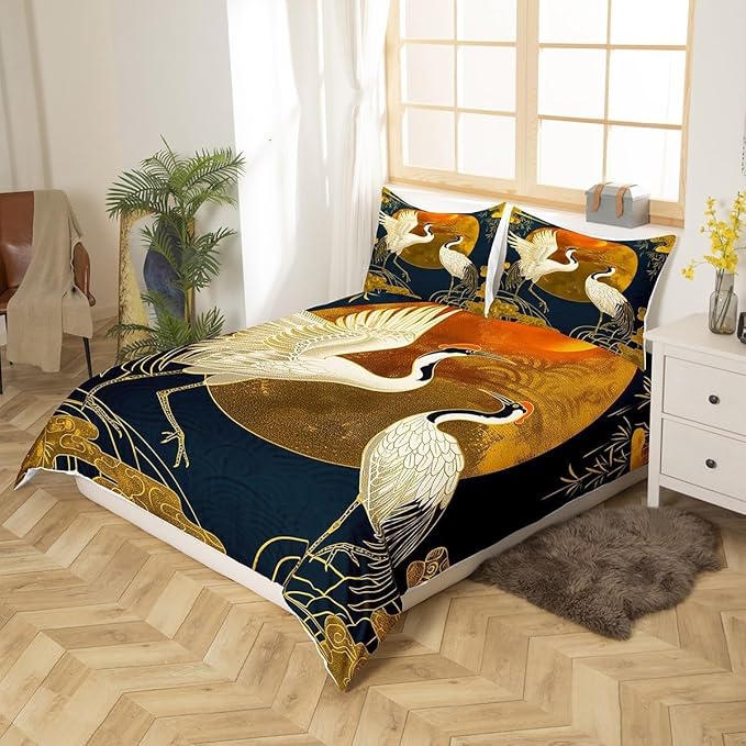 Crane Bedding Set Full,Japanese Cloud Trees Duvet Cover Set 3pcs for Kids Teens Adults Room Decor,Animals Plants Comforter Cover Ukiyo-e Style Quilt Cover with 2 Pillowcases