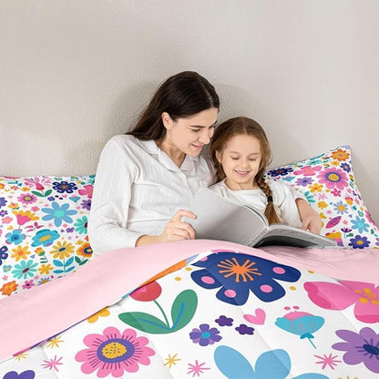 Erosebridal Cute Floral Toddler Bedding Set for Girls,Boho Flower Wildflower Kids Comforter Sets,Yellow Teal Pink Floral Bed Set Country Spring Flowers Kawaii Room Decor with 1 Pillowcase