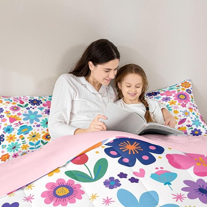 Erosebridal Cute Floral Queen Comforter Set for Girls Kids,Boho Flower Wildflower Bedding Set,Yellow Teal Pink Floral Quilt Country Spring Flowers Kawaii Room Decor with 2 Pillowcases