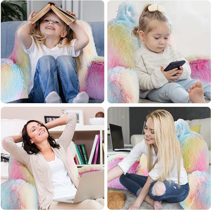 Reading Pillow for Bed - Faux Fur Backrest Pillow with Arms, Reading & Bed Rest Pillows Rainbow Colors, Fluffy Sit Up Pillow, Study Pillow for Kid, Tween, Teens & Adult Girls