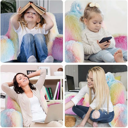Reading Pillow for Bed - Faux Fur Backrest Pillow with Arms, Reading & Bed Rest Pillows Rainbow Colors, Fluffy Sit Up Pillow, Study Pillow for Kid, Tween, Teens & Adult Girls