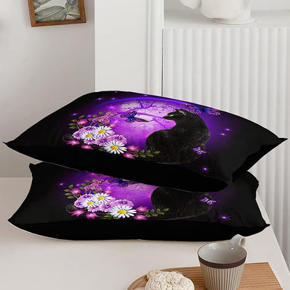 Black Cat Bedding Cartoon Cat Comforter Set Queen,Daisy Butterflies Printed Kids Bedding Set for Kids Boys Girls Adults Room Decor,Kids Comforter Set All Season,1 Quilt 2 Pillow Cases