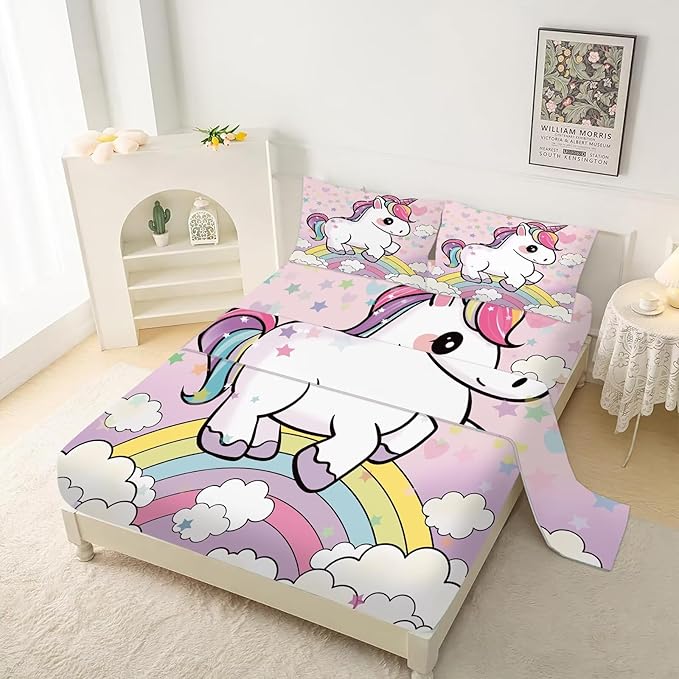 Unicorn Sheets Set Twin: Cartoon Pink Rainbow Unicorn Bedding for Kids Girls Teens Bedroom Bed - 1 Flat Sheet, 1 Fitted Sheet, 1 Pillowcase