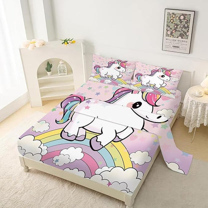 Unicorn Sheets Set Twin: Cartoon Pink Rainbow Unicorn Bedding for Kids Girls Teens Bedroom Bed - 1 Flat Sheet, 1 Fitted Sheet, 1 Pillowcase