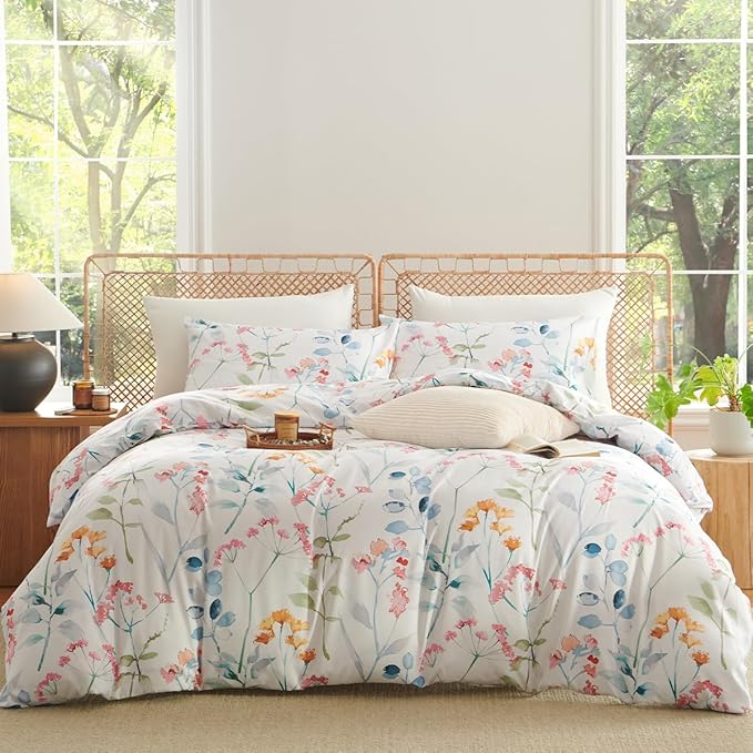 Floral Duvet Cover King 3 Pieces Watercolor Flower Pattern Bedding Set for Girls Colorful Flower Aesthetic Bedding Soft Microfiber Farmhosue Comforter Cover with 2 Pillowcases