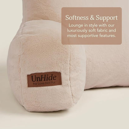 UnHide Squish Backrest Pillow - A Large Pillow with Arms for Sitting Up in Bed, Reading or Lounging - Removable, Washable Faux Fur Cover, Beige