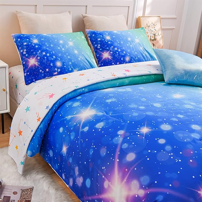 A Nice Night 6Pcs Gradient Glitter Bedding Set for Girls, Colorful Rainbow Galaxy Comforter Set, Ultra Soft Bedding Sets (Blue-Green,Twin 6Pcs)