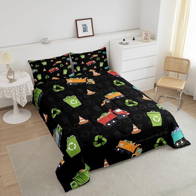 Erosebridal Full Size Garbage Truck Comforter Set for Boys Girls Kids Cartoon Car Vehicles Bedding Comforter Sets Trash Can Waste Management Vehicle Duvet Set Refuse Classification Quilt 3 Piece