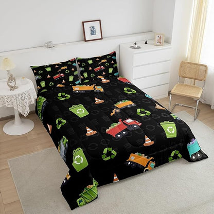 Erosebridal Full Size Garbage Truck Comforter Set for Boys Girls Kids Cartoon Car Vehicles Bedding Comforter Sets Trash Can Waste Management Vehicle Duvet Set Refuse Classification Quilt 3 Piece