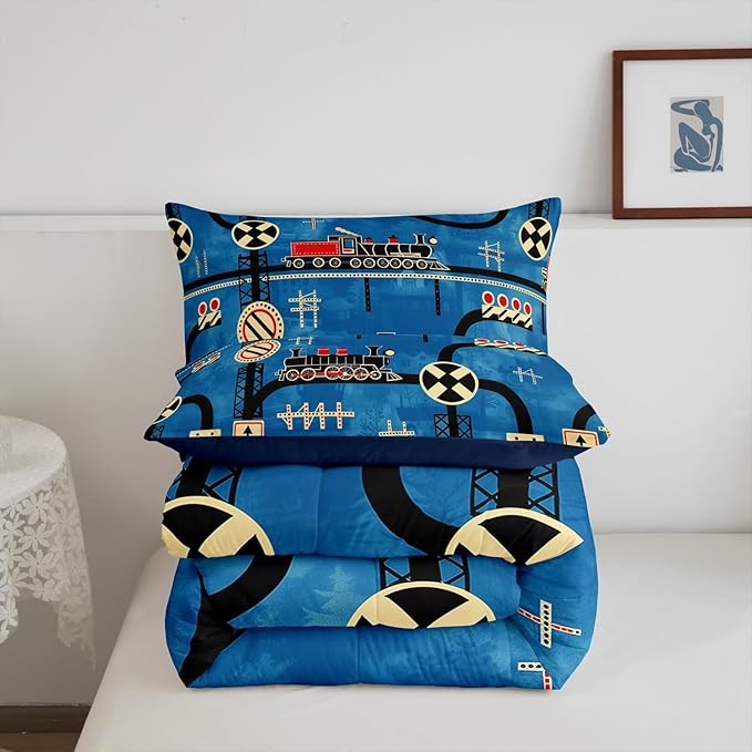 Erosebridal Cartoon Train Bedding Sets Twin for Toddler Kids Boys Vintage Steam Engine Comforter, Travel Railway Track Transportation Bedding Construction Traffic Signs Retro Car Decor Quilt