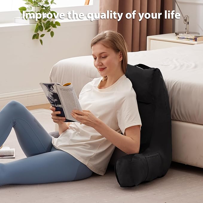 Reading Pillow with Arms for Adult, Back Pillow for Bed Sitting Up, Shredded Memory Foam Backrest Pillow with Pockets & Removable Washable Cover, Lounging, Watching TV, Reading(24inch Black)
