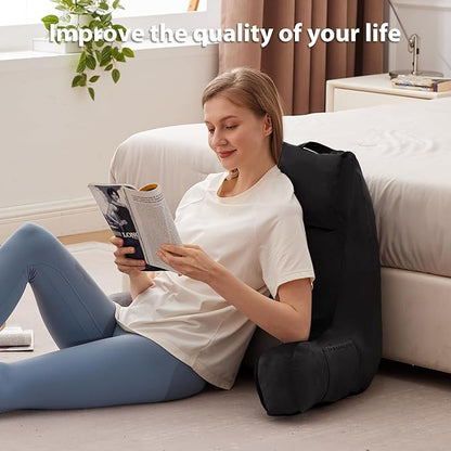 Reading Pillow with Arms for Adult, Back Pillow for Bed Sitting Up, Shredded Memory Foam Backrest Pillow with Pockets & Removable Washable Cover, Lounging, Watching TV, Reading(24inch Black)