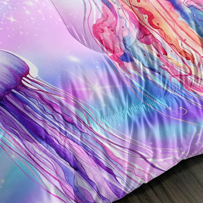 Kawaii Bedding Color Jellyfish Comforter Set King Size,Rainbow Flash Pattern Comforter for Teens Kids Girls Room Decor,Marine Animal Theme Beach Bedding Set with 2 Pillowcases.