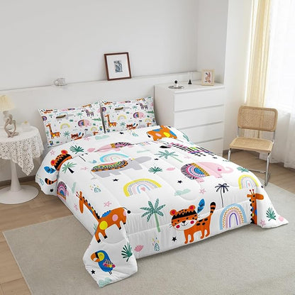 Feelyou Kids Zoo Animal Comforter Queen for Kids Boys Girls Cute Boho Animals Bedding Set Cartoon Elephant Comforter Set Wild Animals Duvet Set with 2 Pillow Case