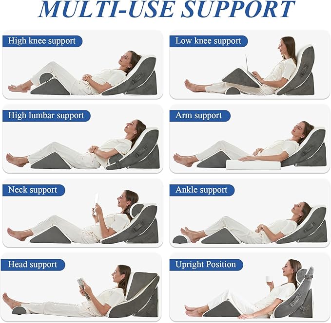 4PCS Orthopedic Bed Wedge Pillow Set, Post Surgery 45D Memory Foam for Back, Neck, and Leg Pain Relief Pleasing & Adjustable Support Pillows-Ease Acid Reflux & GRED with Better Sleep, White Dark Grey