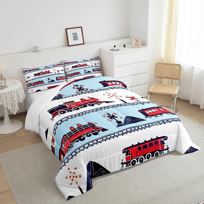 Erosebridal Red White and Blue Train Comforter Set Cartoon Train Railroad Tracks Kids Bedding Traffic Transportation Track Bedding Comforters & Sets Cute Retro Vintage Vehicle Quilt Full 3Pcs