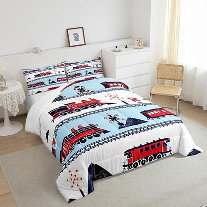 Erosebridal Red White and Blue Train Comforter Set Cartoon Train Railroad Tracks Kids Bedding Traffic Transportation Track Bedding Comforters & Sets Cute Retro Vintage Vehicle Quilt King 3Pcs