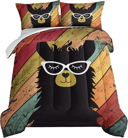 HOSIMA Llama Comforter with 2 Pillowcases Funny Room Decor,with Handsome Alpaca Pattern Vintage Colorful Wood Grain Bedding Set for Boys Girls Teens,Animal Bedding Full Size Comforter.