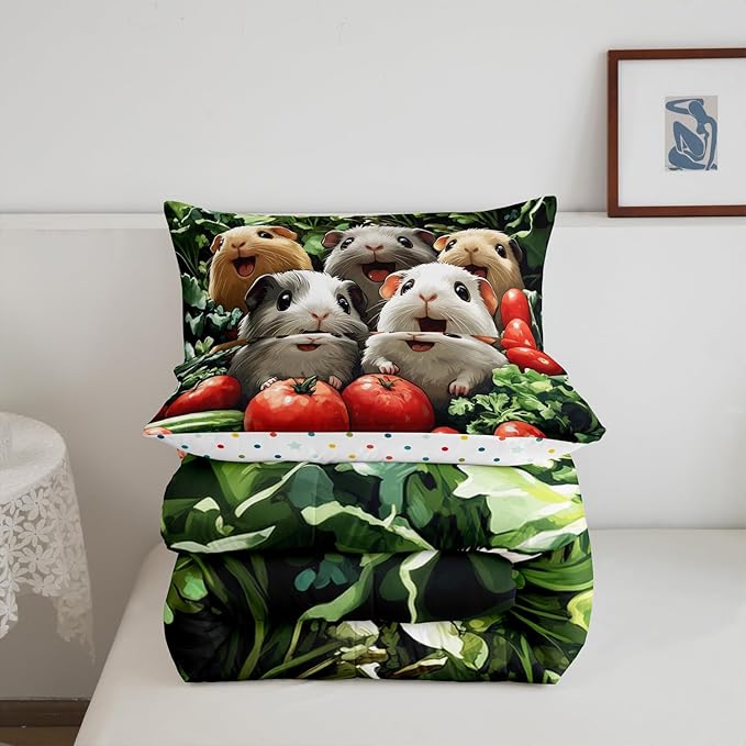 Funny Guinea Pig Bedding Set Full Size Cute Jungle Animal Comforter Set for Kids Teens Room Decor 3D Fresh Vegetables Duvet Insert Nature Green Botanical Down Comforter Set,3Pcs