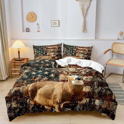 Deer Full Duvet Cover Sets,Deer and American Flag Bedding Sets for Hunter Bedroom Decor, 1 Duvet Cover 2 Pillowcases Comforter Cover for Adult Teen boy,Full