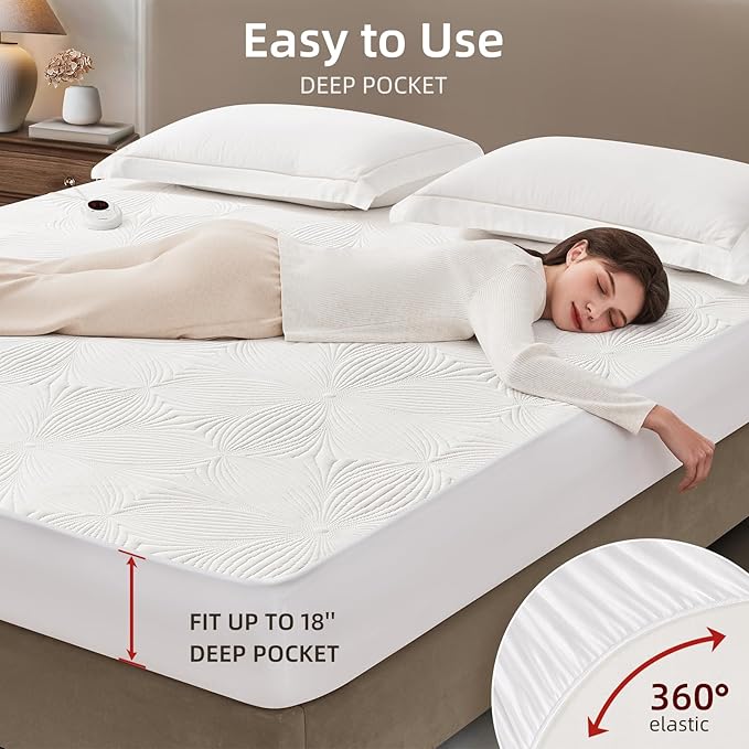 Bwarm Heated Mattress Pad ETL Certified Flower Bed Warmer with 9 Heat Settings, 1-12 Hours Auto Off Deep Pocket, Machine Washable, White (King)