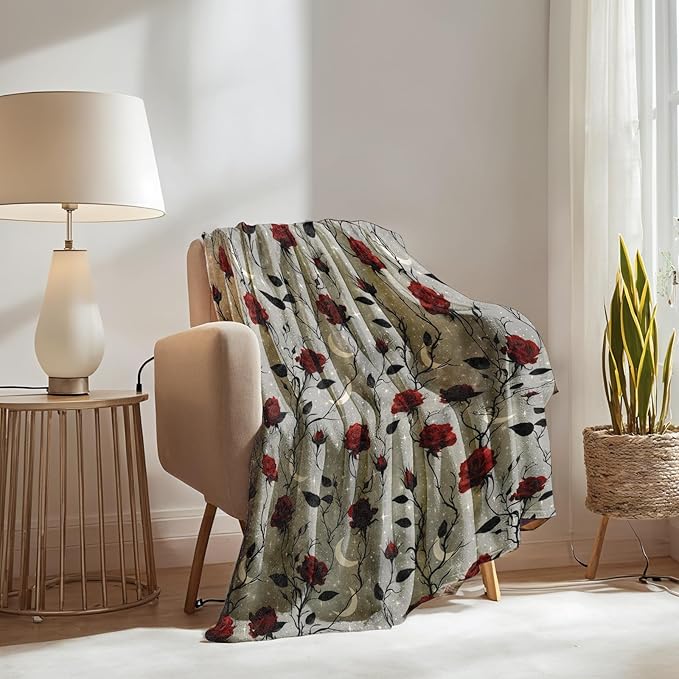 Gothic Rose Moon Blanket Gifts for Boys Girls Kids, Red Flower and Starry Night Warm Soft Flannel Throw Blankets for Travel, Sofa, Living Room, Bedroom Decor, 60x80 in