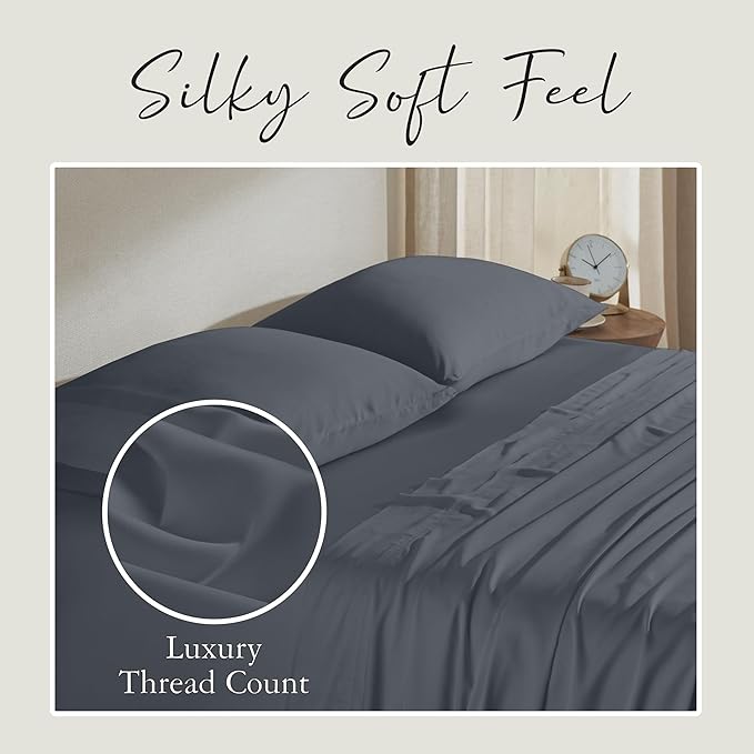 KARISSA MAE Cooling Bamboo Viscose King Sheet Set | 100% Organically Grown | 18” Deep Pocket | Silky, Soft, & Hypoallergenic | with Organizer Band & Elastic Corner Straps [Charcoal Grey]
