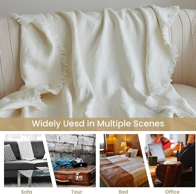 Simple&Opulence 100% Linen Throw Blanket 55x75 inches, Farmhouse Boho Tassel Blanket for Couch, Bed, Sofa, Breathable Natural Cozy Décor, White ﻿