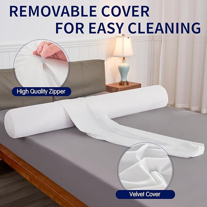 SyMax 7.8"x76" Body Pillow for King Bed, Memory Foam Bolster w/Removable Velvet Cover, Headboard Gap Filler Pillow, White