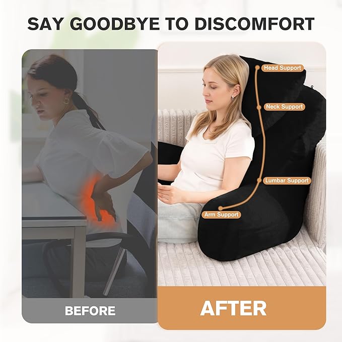 Portable Reading Pillows with Headrest for Bed Sitting Up(Black Oeko-Tex), Velvet Back Pillow with Arms & Pockets for Adults, Support Memory Foam Bed Pillow for Dorm/Reading/Watching/Gaming