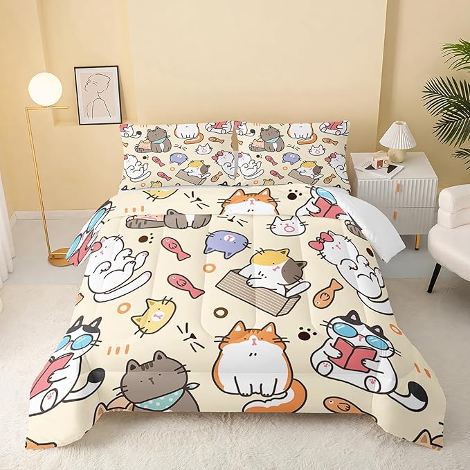 QOOMO Kawaii Cat Comforter Twin,Kawaii Animals Comforter Set for Kids Teens Girls,3Pcs Bedding Set Printed Comforter with 2 Pillowcases,Down Alternative,Soft and Lightweight，Twin Size