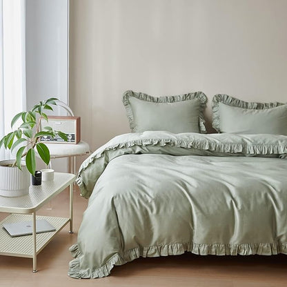 Simple&Opulence Kids 100% Organic Cotton Queen Duvet Cover Ruffle 3Pcs(1 Comforter Cover 2 Pillowcases) Cute Lace Vintage Boho Shabby Chic Farmhouse Bedding Set Teen Girls(Sage Green, Queen)
